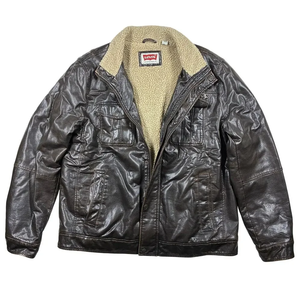 Levi's Aviator Jacket Mens XL Brown Faux Leather Fleece Lined Insulated Bomber